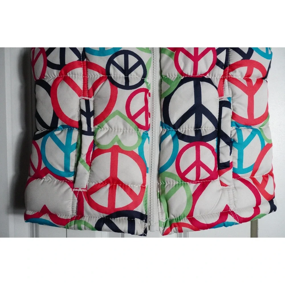 Old Navy Puffer Vest Size S 6-7 Peace Sign Heart Print Multicolor Fleece Lined